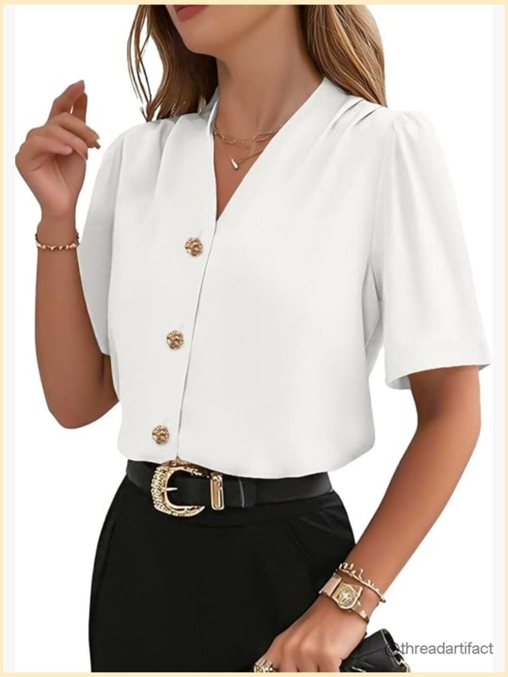 Short Sleeve Button Down Blouse - V Neck Loose Fit Work Top